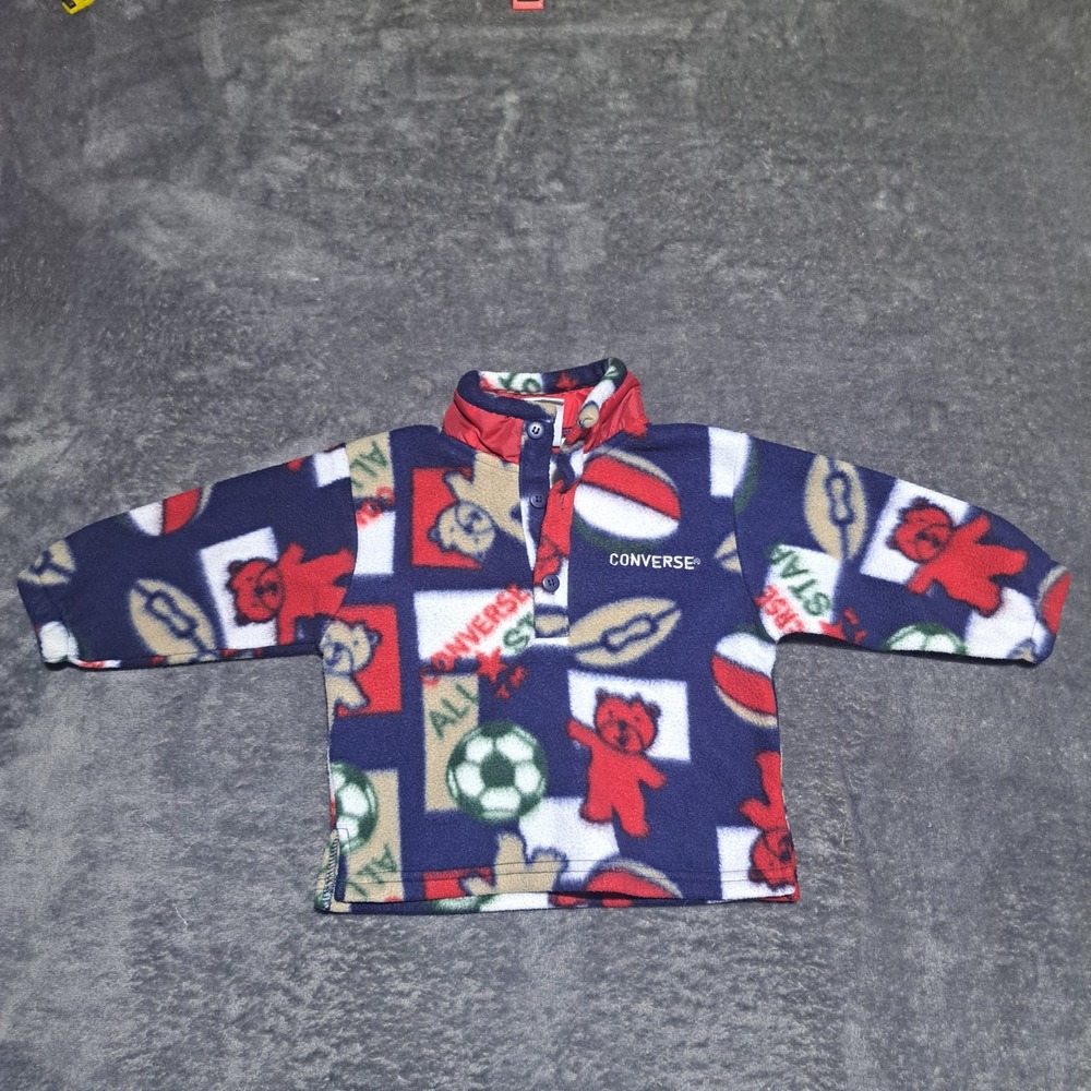 VTG Converse Kids 18M Fleece Pullover Teddy Bear Sports Navy Blue Red 90s Retro